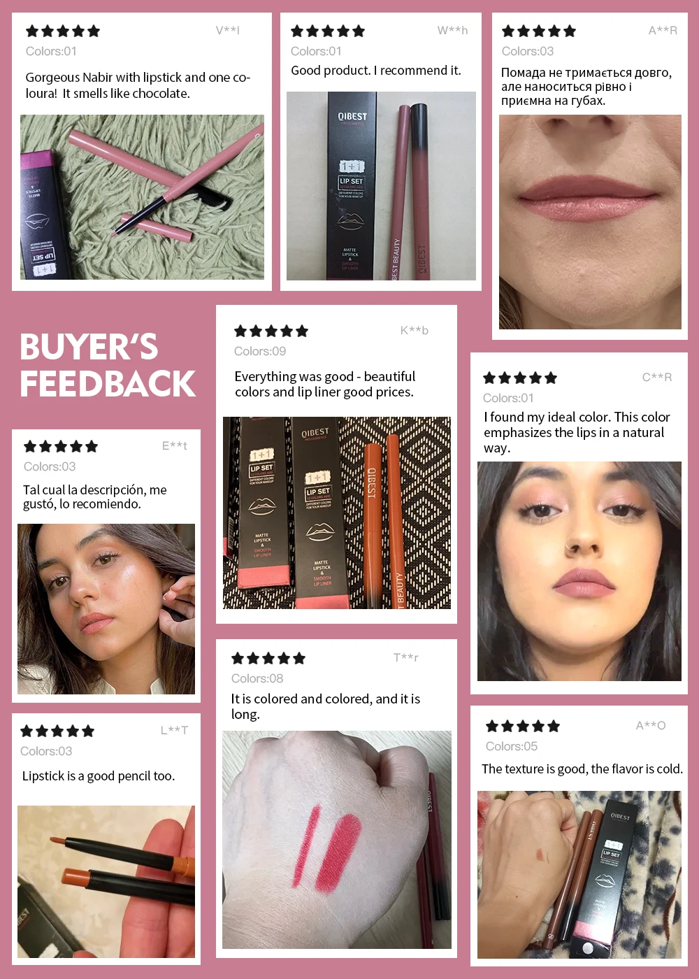 QIBEST 2pcs Lipstick Lipliner Pen Set Matte Velvet Lip Liner Pencil Contour Makeup Sexy Red Lip Stick Long Lasting Cosmetics
