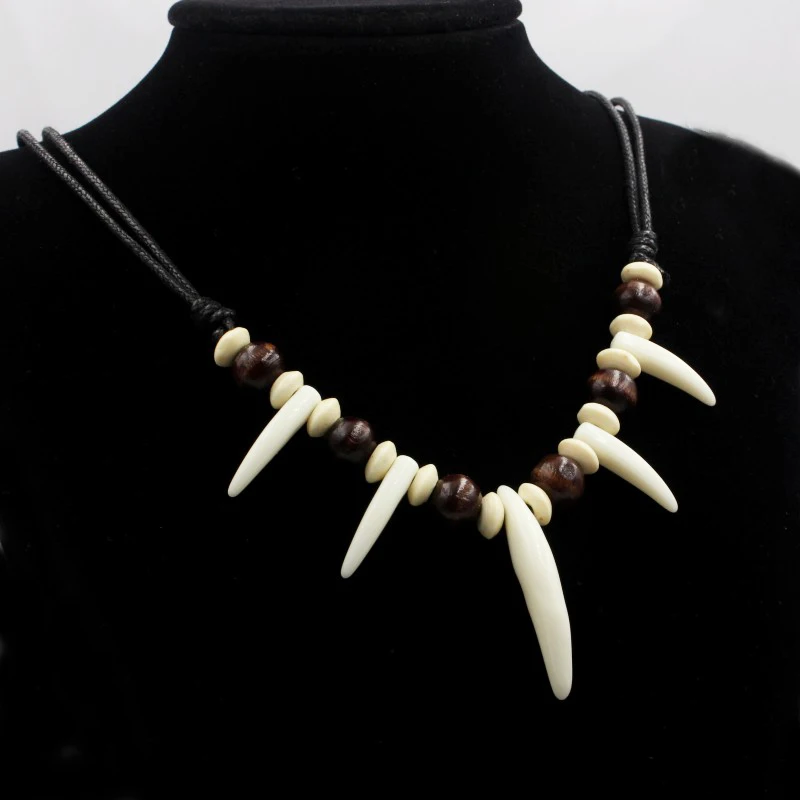 Tribal Imitation Wolf Teeth Beaded Necklace Adjustable Length Couple Necklace Amulet Gift