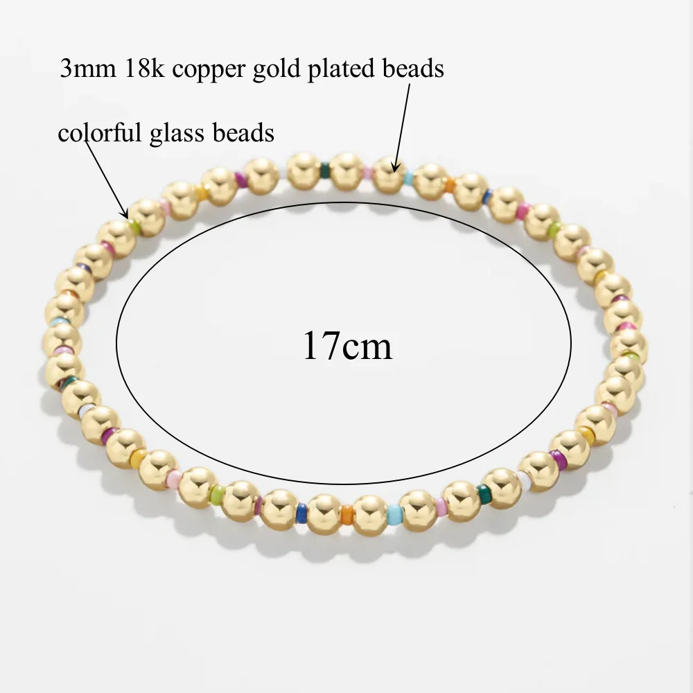 KKBEAD Unfade 3mm Gold Color Beads Bracelet Boho Colorful Jewelry for Women Girl Gift Stretch Bracelets Pulseras Femme