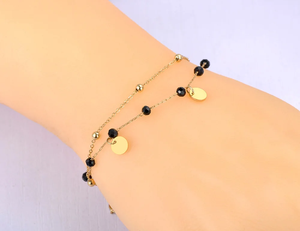 Lokaer Bohemia Style Stainless Steel Choker Necklace Bracelet Earrings Sets For Women Girls Black Crystal Chain Jewelry N21026