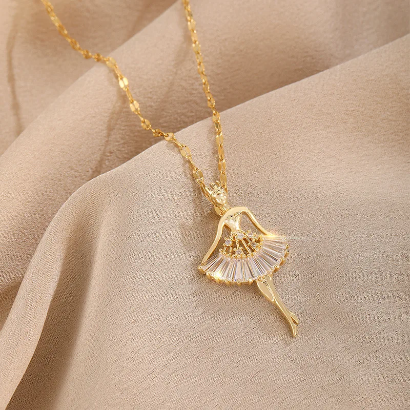 Sweet Elegant Ballerina Girl Crystal Zircon Pendant Necklaces For Women Korean Fashion Ladies Sexy Stainless Steel Jewelry Gift