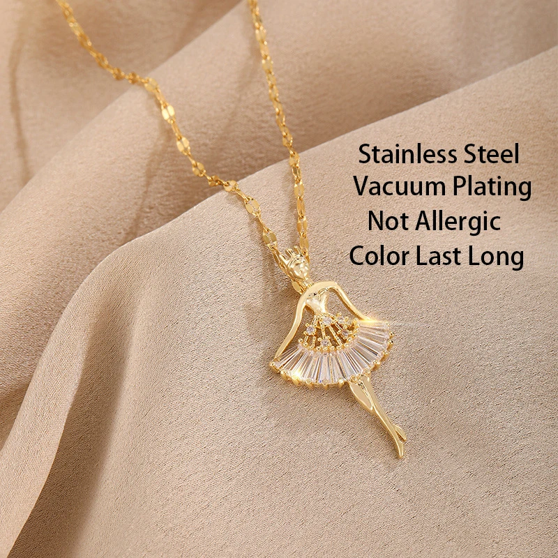 Sweet Elegant Ballerina Girl Crystal Zircon Pendant Necklaces For Women Korean Fashion Ladies Sexy Stainless Steel Jewelry Gift