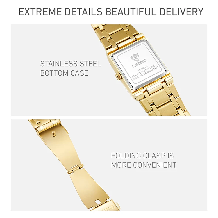 LiEBIG Luxury Golden Quartz Wristwatches For Female Girl Male Fashion 30m Waterproof Women Ladies Mens Watches Relogio Feminino