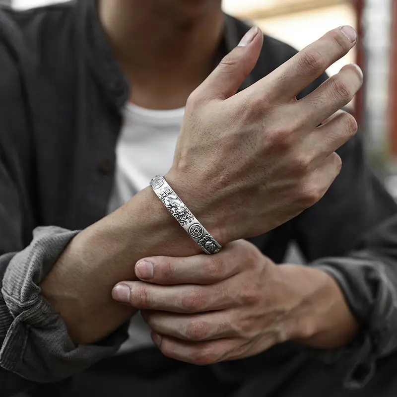 New Premium Silver Color Pixiu Bangles for Men Ethnic Style Vintage Simple and Domineering Opening Jewelry