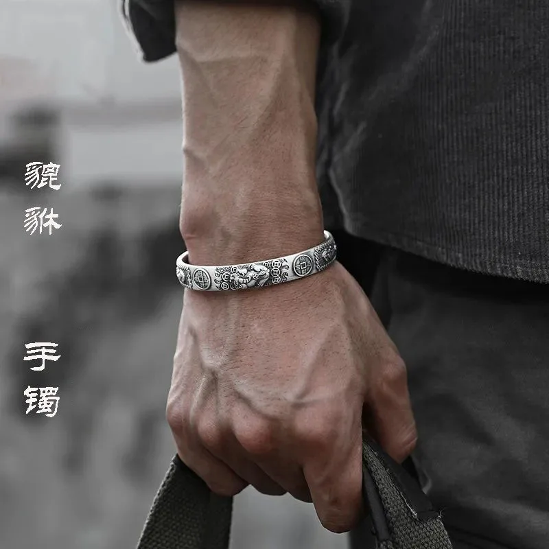 New Premium Silver Color Pixiu Bangles for Men Ethnic Style Vintage Simple and Domineering Opening Jewelry
