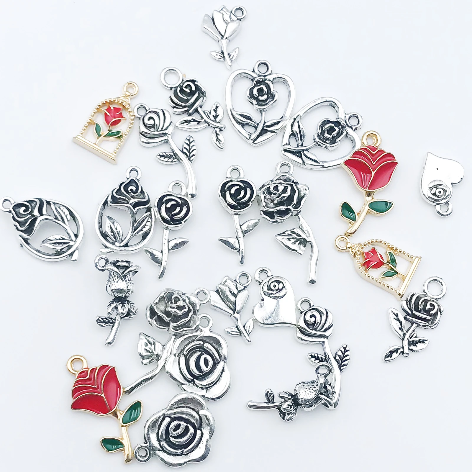 10/24Pcs/Pack Romantic Vintage Rose Flower Chaems Alloy Small Pendants for Jewelry Making Findings Crafting Accessories
