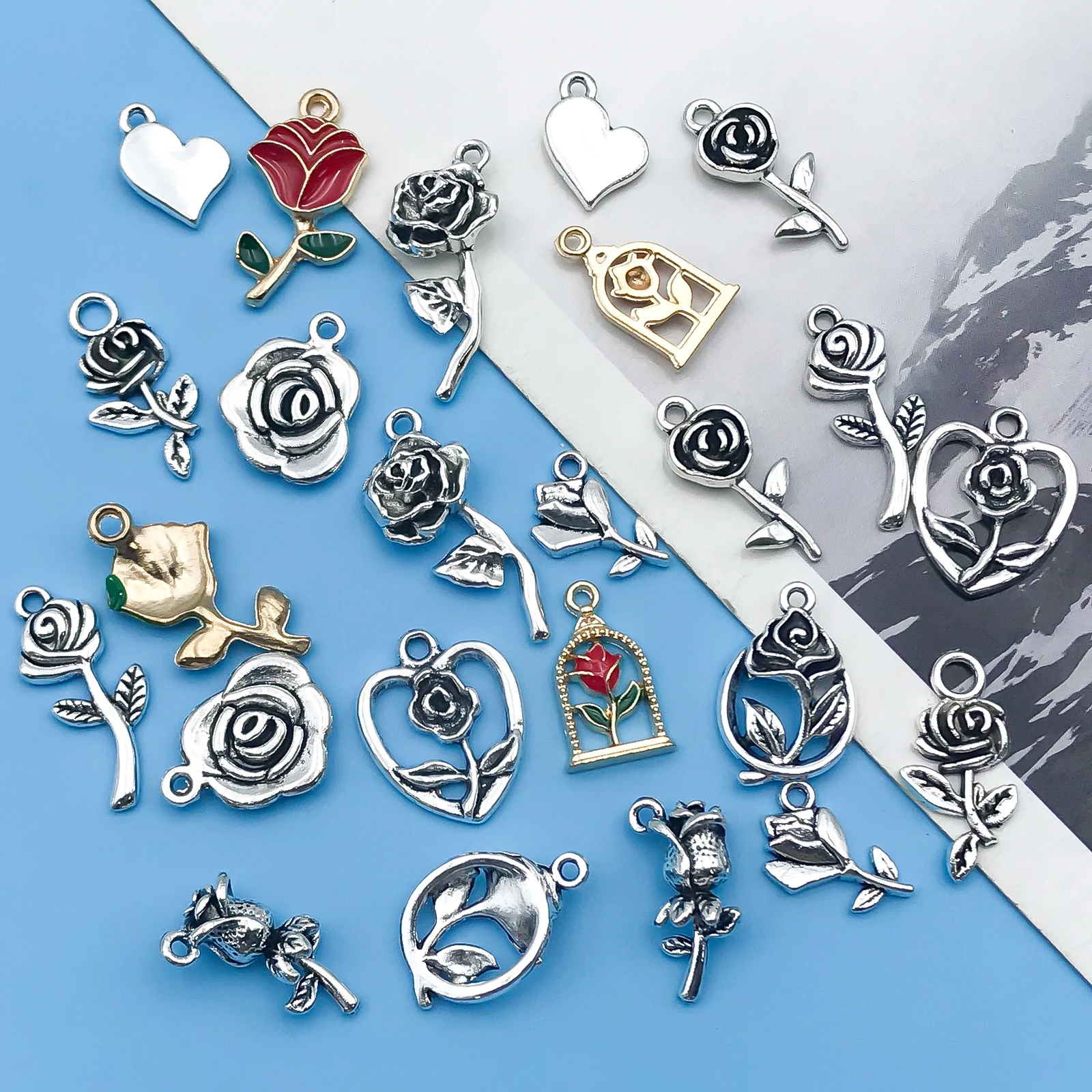 10/24Pcs/Pack Romantic Vintage Rose Flower Chaems Alloy Small Pendants for Jewelry Making Findings Crafting Accessories