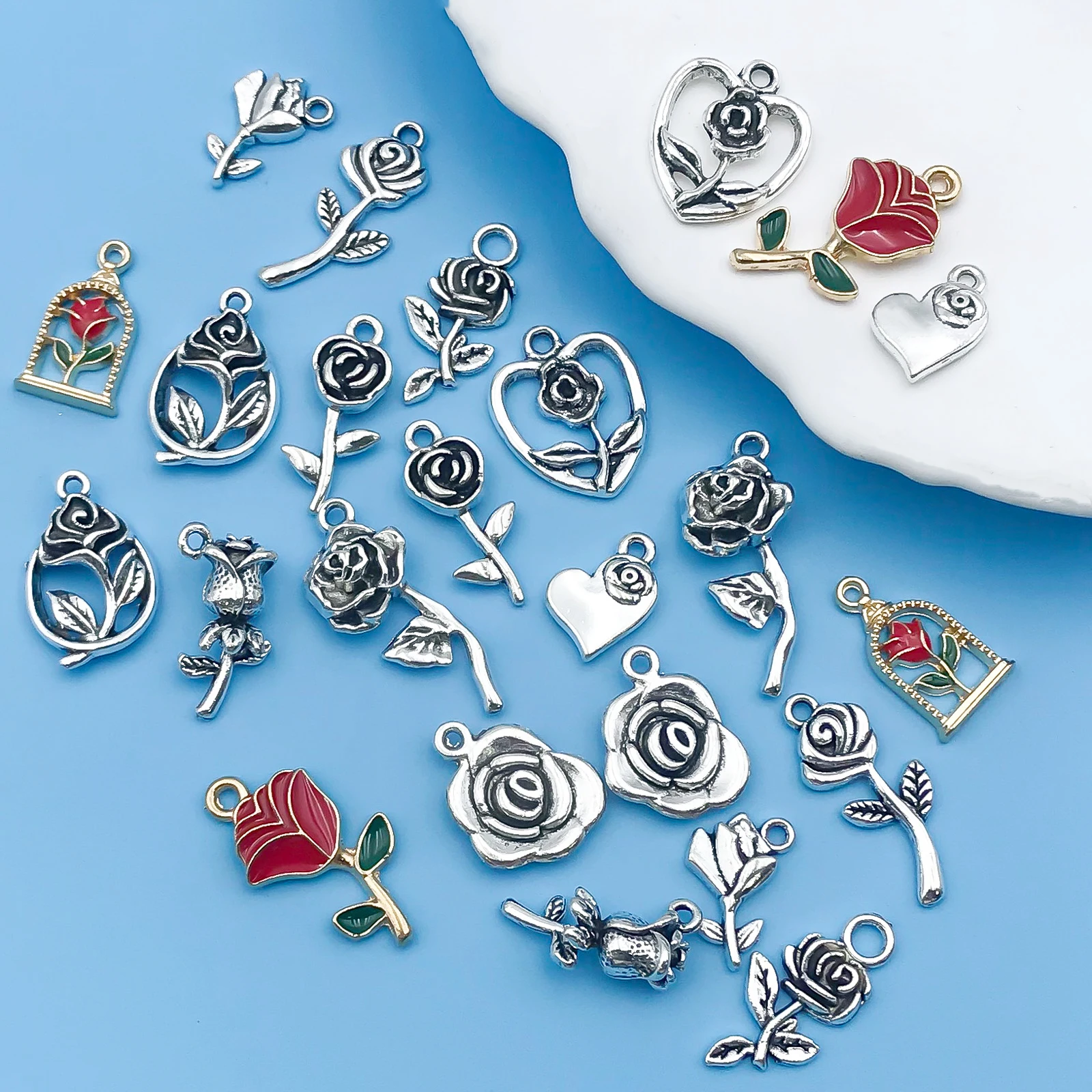 10/24Pcs/Pack Romantic Vintage Rose Flower Chaems Alloy Small Pendants for Jewelry Making Findings Crafting Accessories