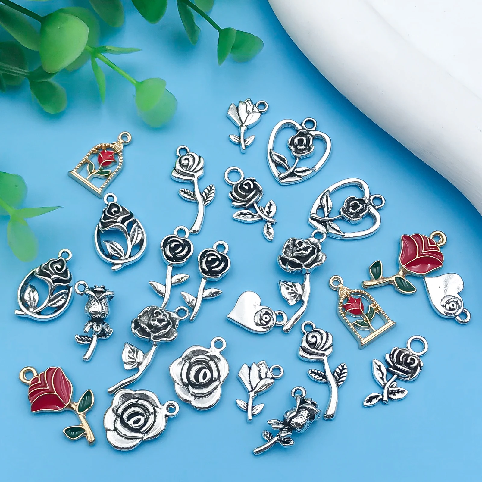 10/24Pcs/Pack Romantic Vintage Rose Flower Chaems Alloy Small Pendants for Jewelry Making Findings Crafting Accessories