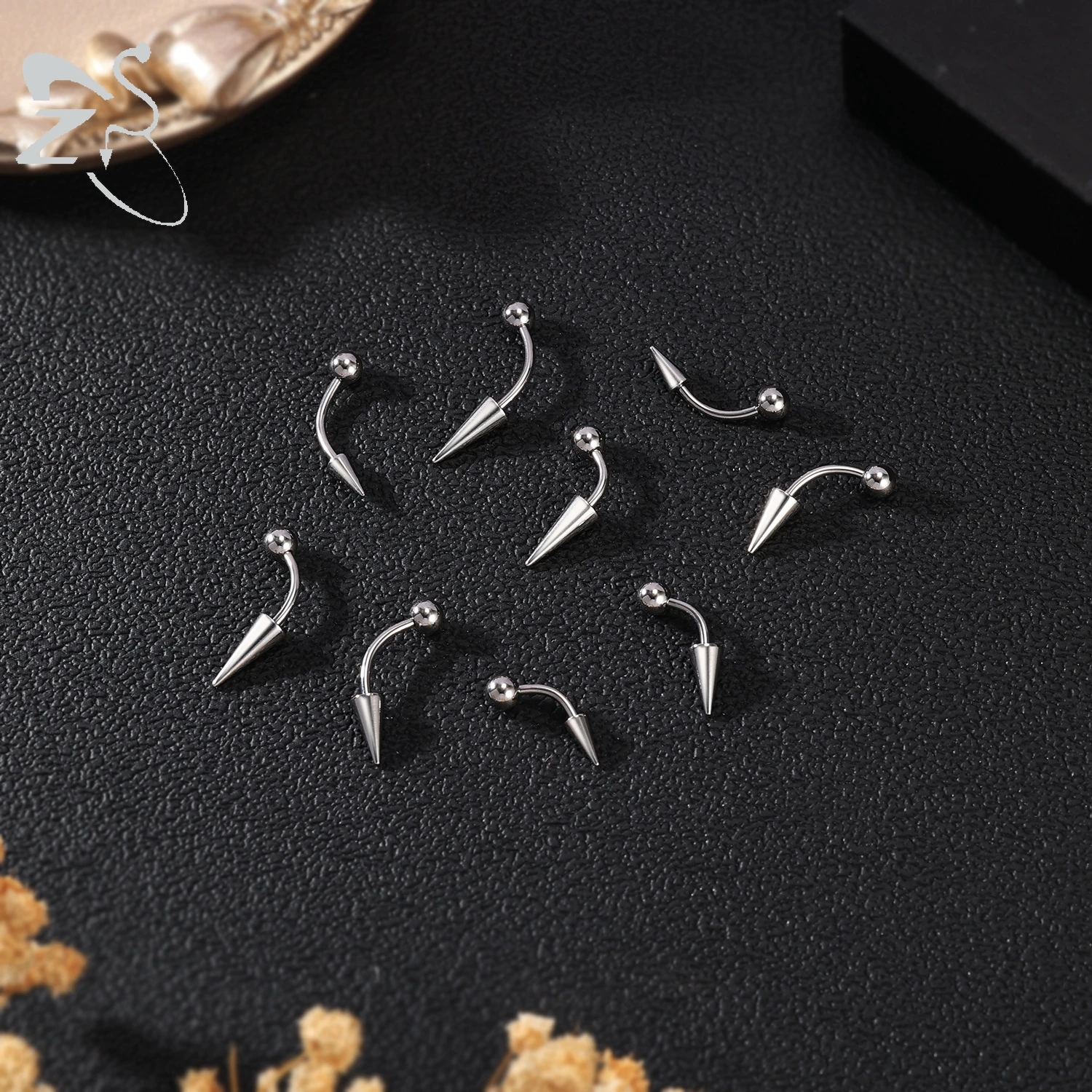 ZS 10Pcs/lot 16G Spike Curved Barbell Eyebrow Ring Internally Threaded Eyebrow Piercing Cone Helix Earring 6/8/10mm Lip Piercing
