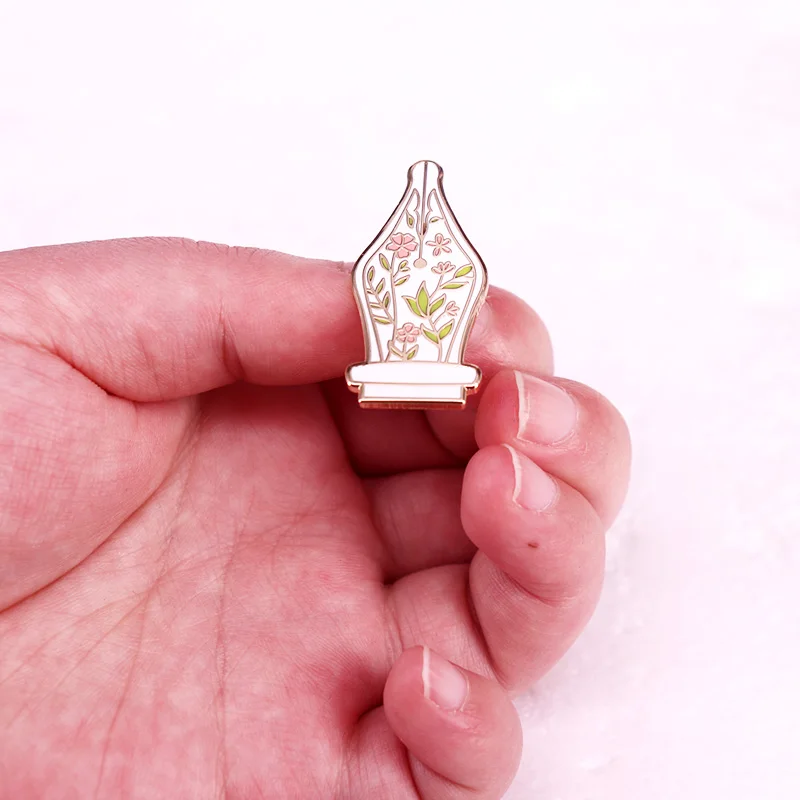 Floral Fountain Pen Nib Badge Hard Enamel Pin Brooch Writers Jewelry Denim Jacket Accessories