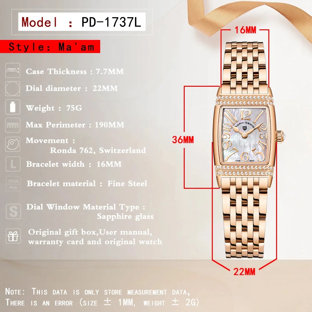 PAGANI DESIGN Luxury Fashion Women's Quartz Watch Swiss Ronda Movt Sapphire Stainless Steel Waterproof Clock Gift For Woman