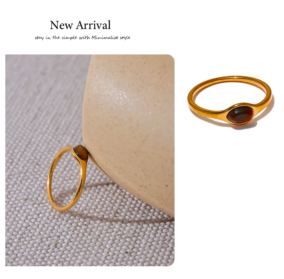 Yhpup Chic Natural Stone Stainless Steel Fashion Ring Minimalist Gold Color Waterproof France Jewelry Women Accessories Gift