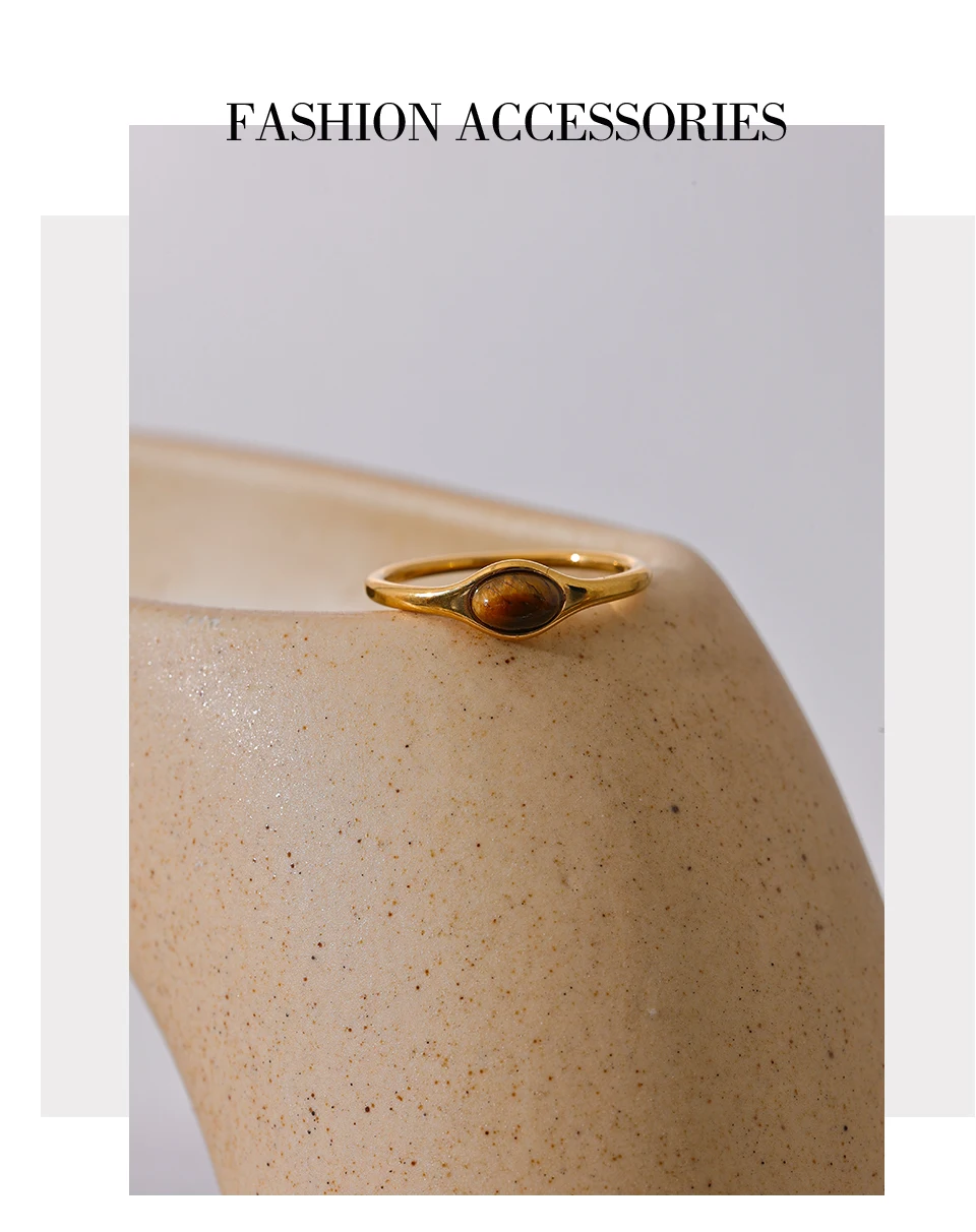 Yhpup Chic Natural Stone Stainless Steel Fashion Ring Minimalist Gold Color Waterproof France Jewelry Women Accessories Gift