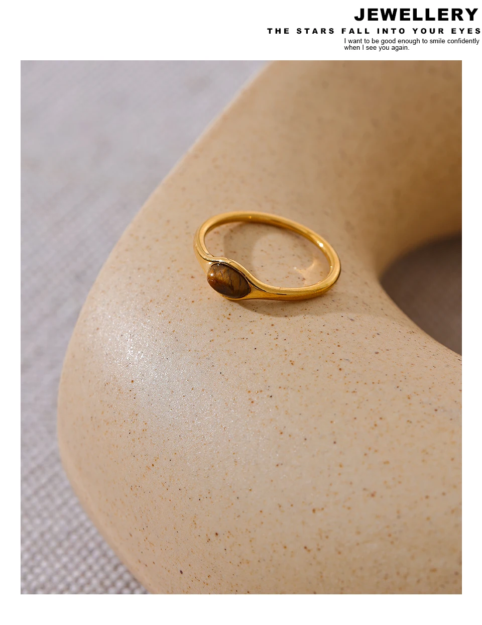 Yhpup Chic Natural Stone Stainless Steel Fashion Ring Minimalist Gold Color Waterproof France Jewelry Women Accessories Gift
