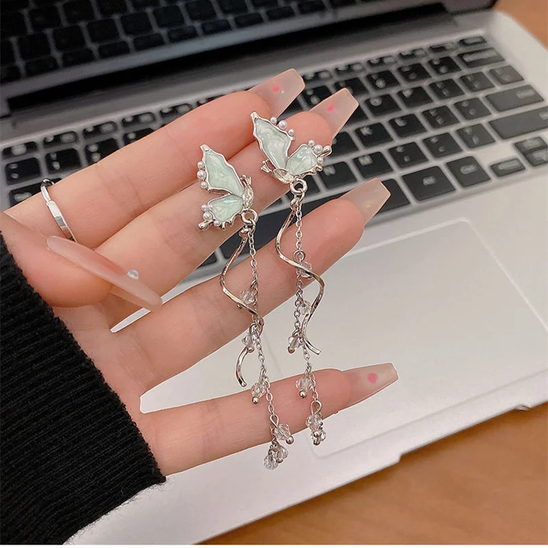 Romantic Long Butterfly Tassel Earrings for Women Delicate White Butterfly Crystal Dangle Earrings Wedding Party Jewelry Gift