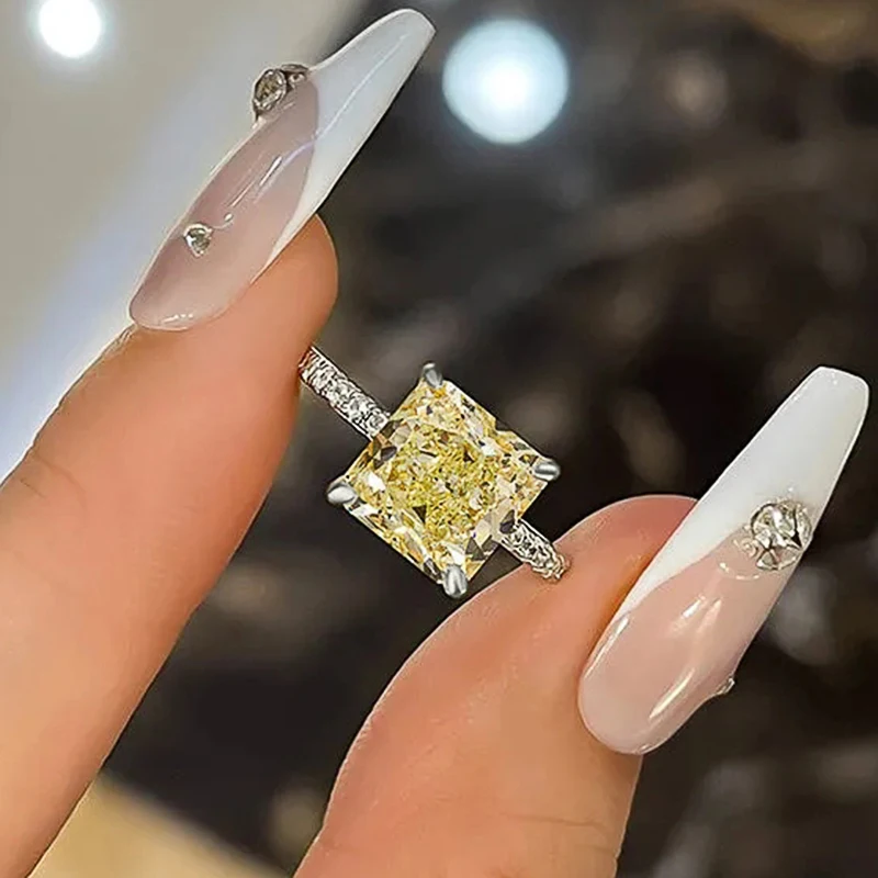 Huitan Simple Princess Yellow Cubic Zirconia Rings for Women Wedding Engagement Party Temperament Female Rings Fashion Jewelry