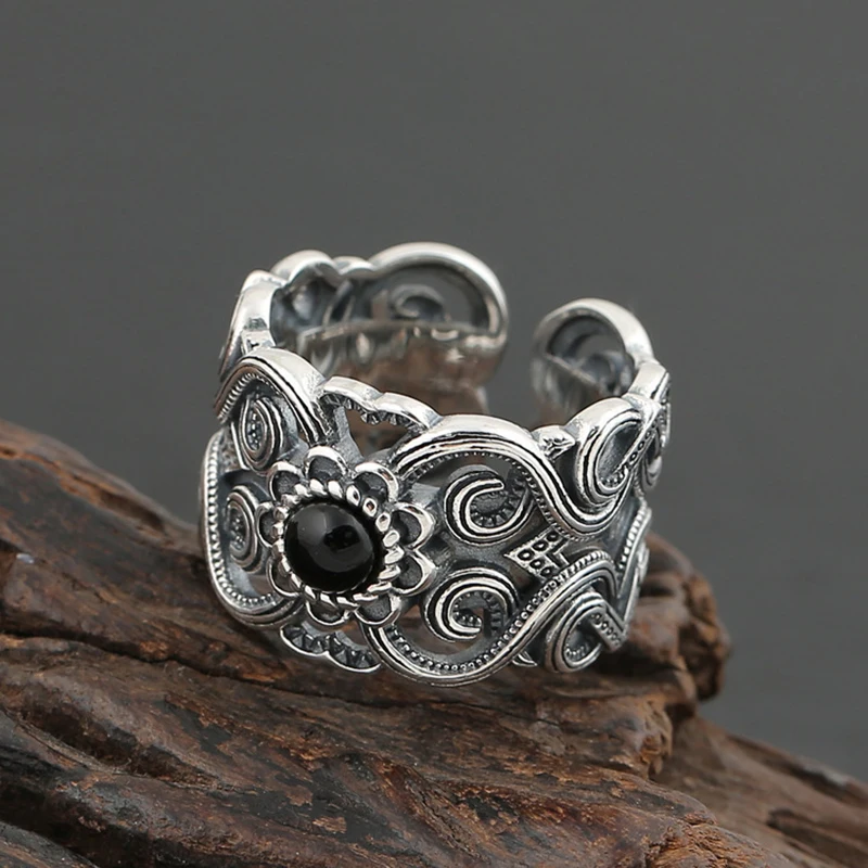 Retro Mongolian Flower Pattern Ring For Men Women Silver Color Gothic Adjustable Ring Handmade Unisex Jewelry Accessories Gift