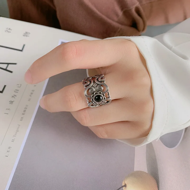 Retro Mongolian Flower Pattern Ring For Men Women Silver Color Gothic Adjustable Ring Handmade Unisex Jewelry Accessories Gift