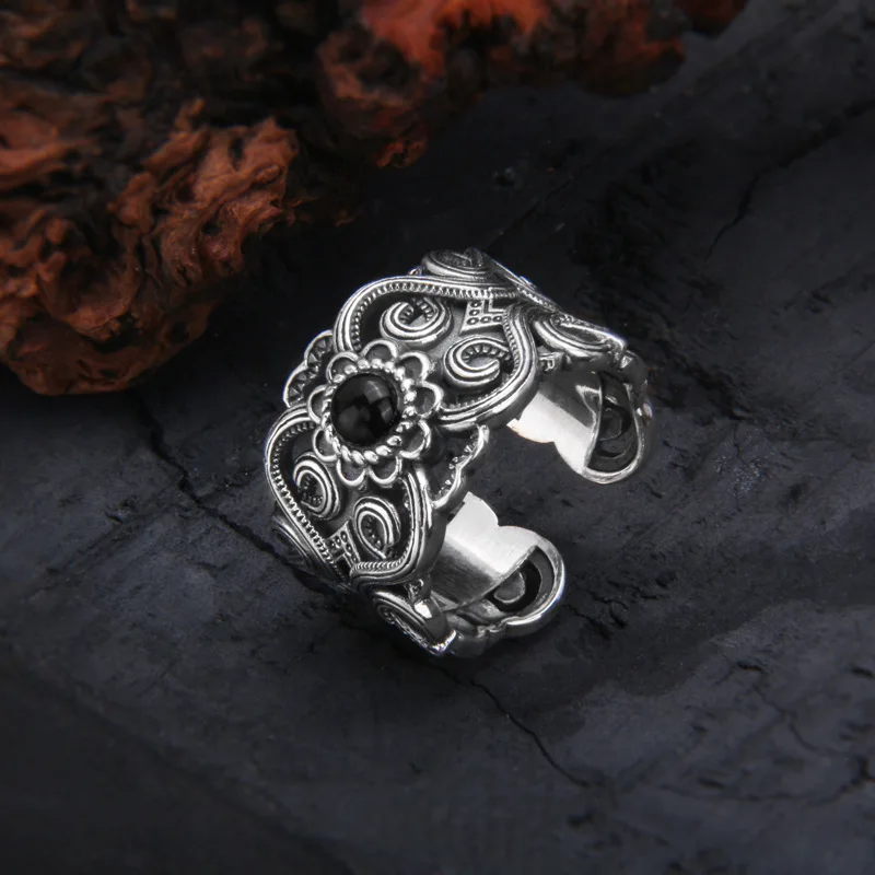 Retro Mongolian Flower Pattern Ring For Men Women Silver Color Gothic Adjustable Ring Handmade Unisex Jewelry Accessories Gift