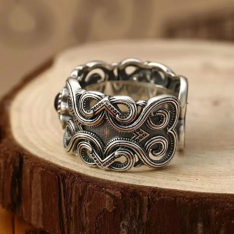 Retro Mongolian Flower Pattern Ring For Men Women Silver Color Gothic Adjustable Ring Handmade Unisex Jewelry Accessories Gift