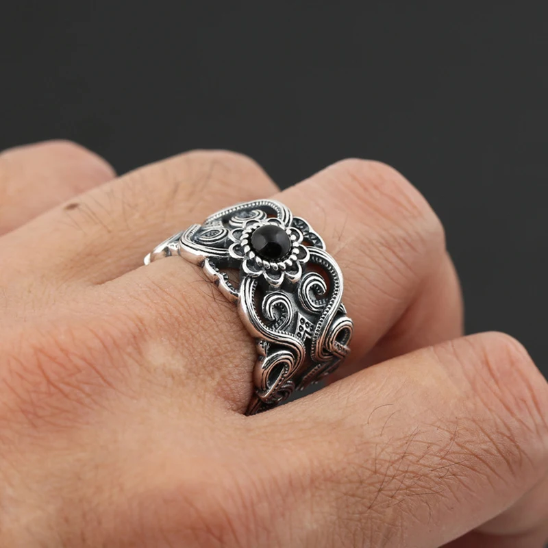 Retro Mongolian Flower Pattern Ring For Men Women Silver Color Gothic Adjustable Ring Handmade Unisex Jewelry Accessories Gift
