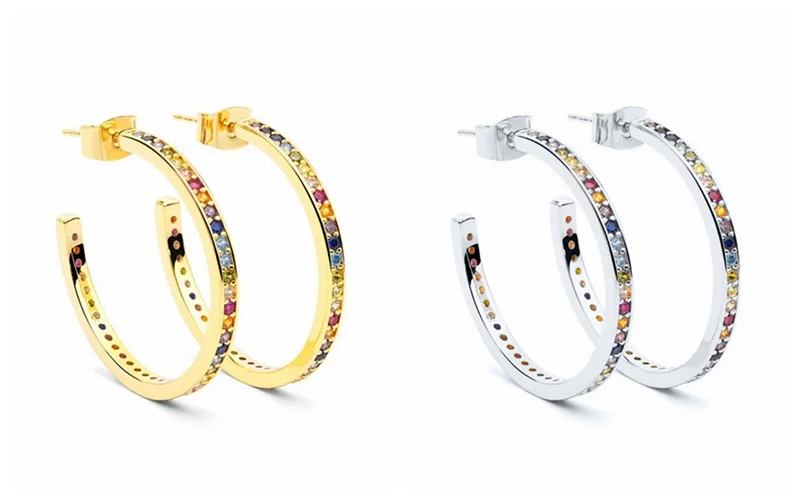 925 Sterling Silver Ear Needle Fashion Hoop Earrings Colorful Crystal Pendants Gold Earring Premium Luxury Women's Jewelry Gift