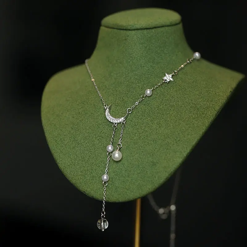 New 925 Sterling Silver Star Moon Necklace Pearl Tassel Collarbone Chain Sparkling Zircon Pendant Wedding Jewelry Accessories