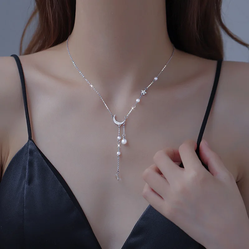 New 925 Sterling Silver Star Moon Necklace Pearl Tassel Collarbone Chain Sparkling Zircon Pendant Wedding Jewelry Accessories