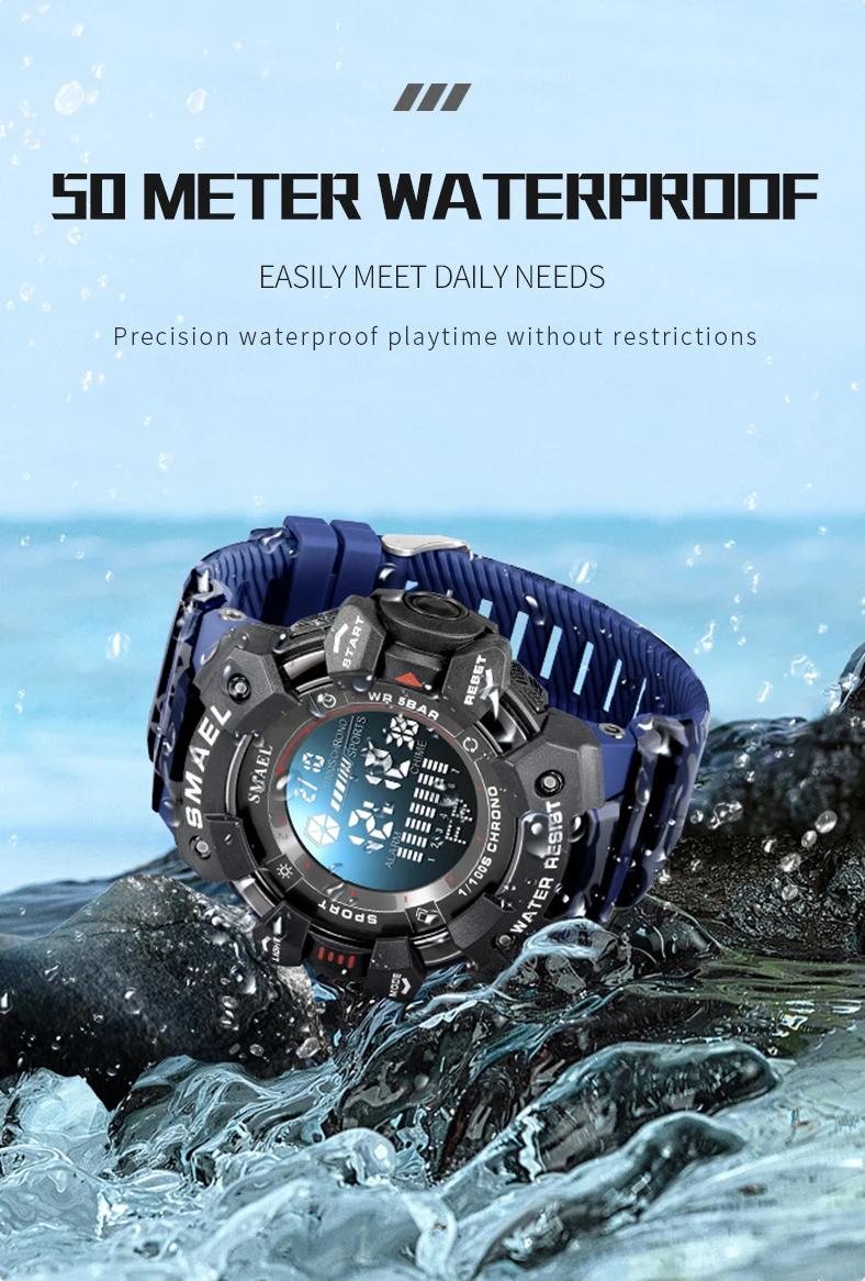 SMAEL Military Digital Watch LED Sports Wristwatches 50m Waterproof LED Stopwatch 8050 Army Watches Digital Big Dail Clock Alarm