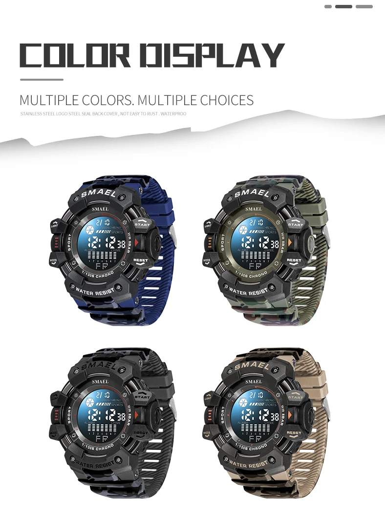 SMAEL Military Digital Watch LED Sports Wristwatches 50m Waterproof LED Stopwatch 8050 Army Watches Digital Big Dail Clock Alarm
