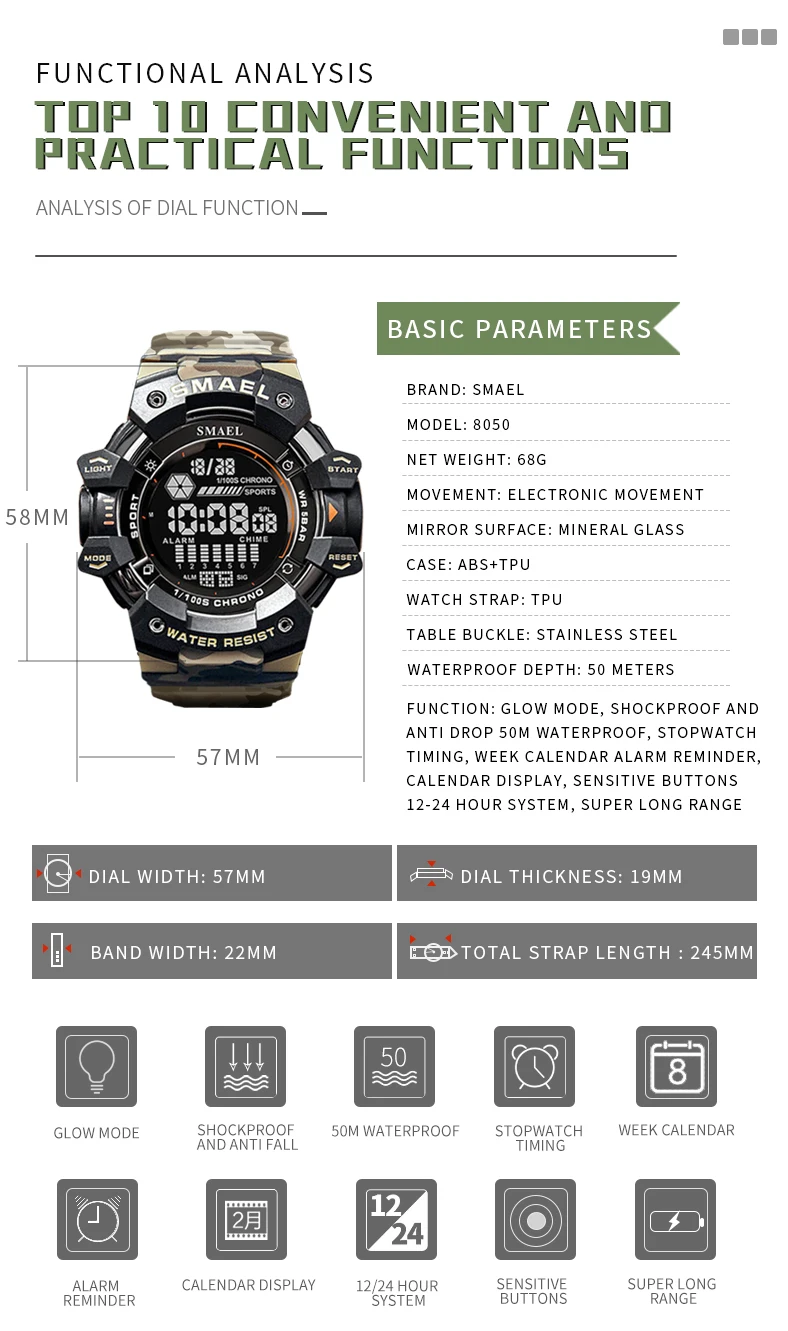 SMAEL Military Digital Watch LED Sports Wristwatches 50m Waterproof LED Stopwatch 8050 Army Watches Digital Big Dail Clock Alarm