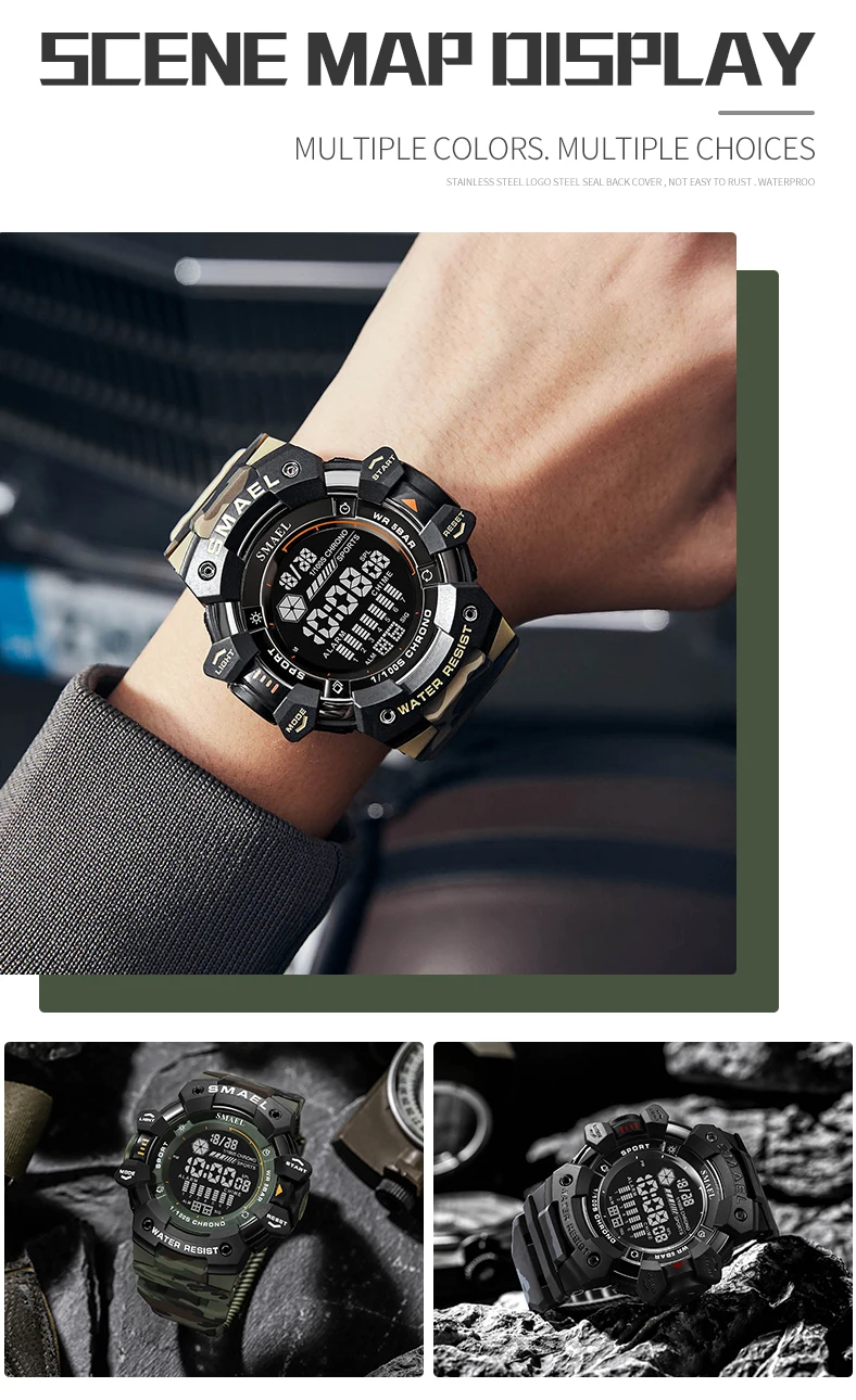 SMAEL Military Digital Watch LED Sports Wristwatches 50m Waterproof LED Stopwatch 8050 Army Watches Digital Big Dail Clock Alarm