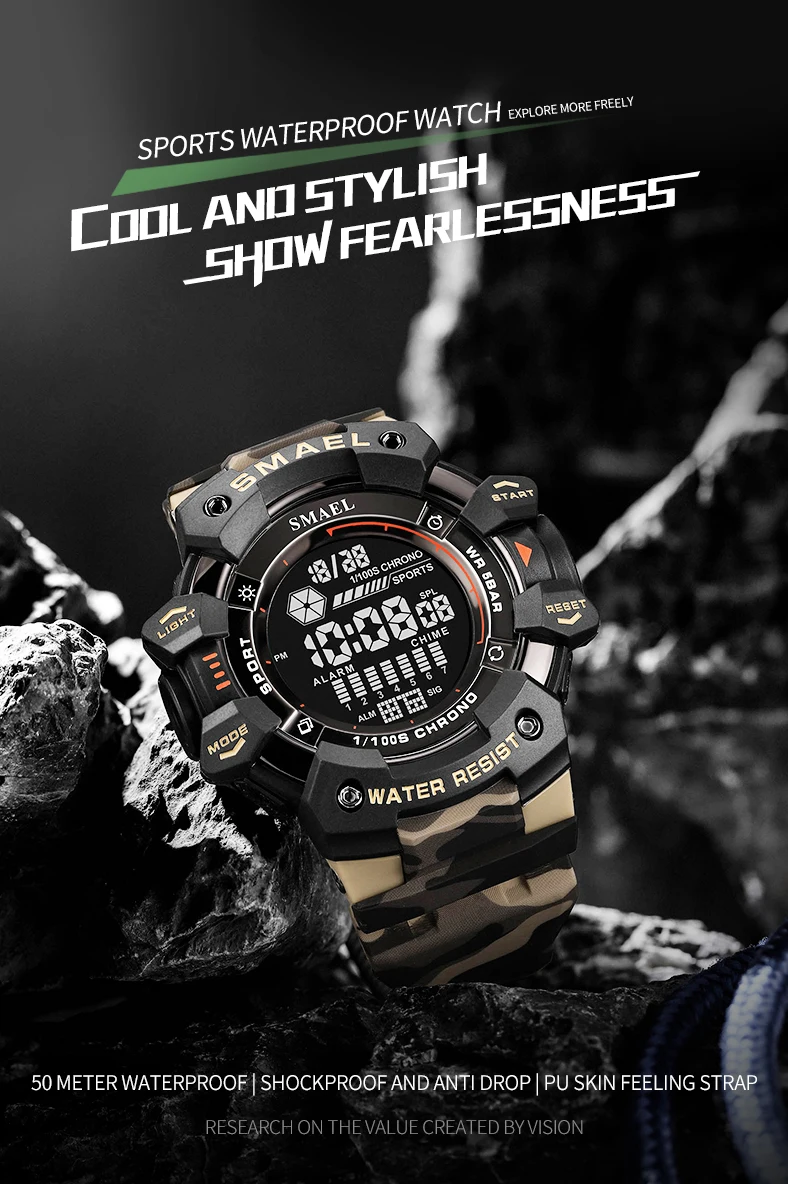 SMAEL Military Digital Watch LED Sports Wristwatches 50m Waterproof LED Stopwatch 8050 Army Watches Digital Big Dail Clock Alarm