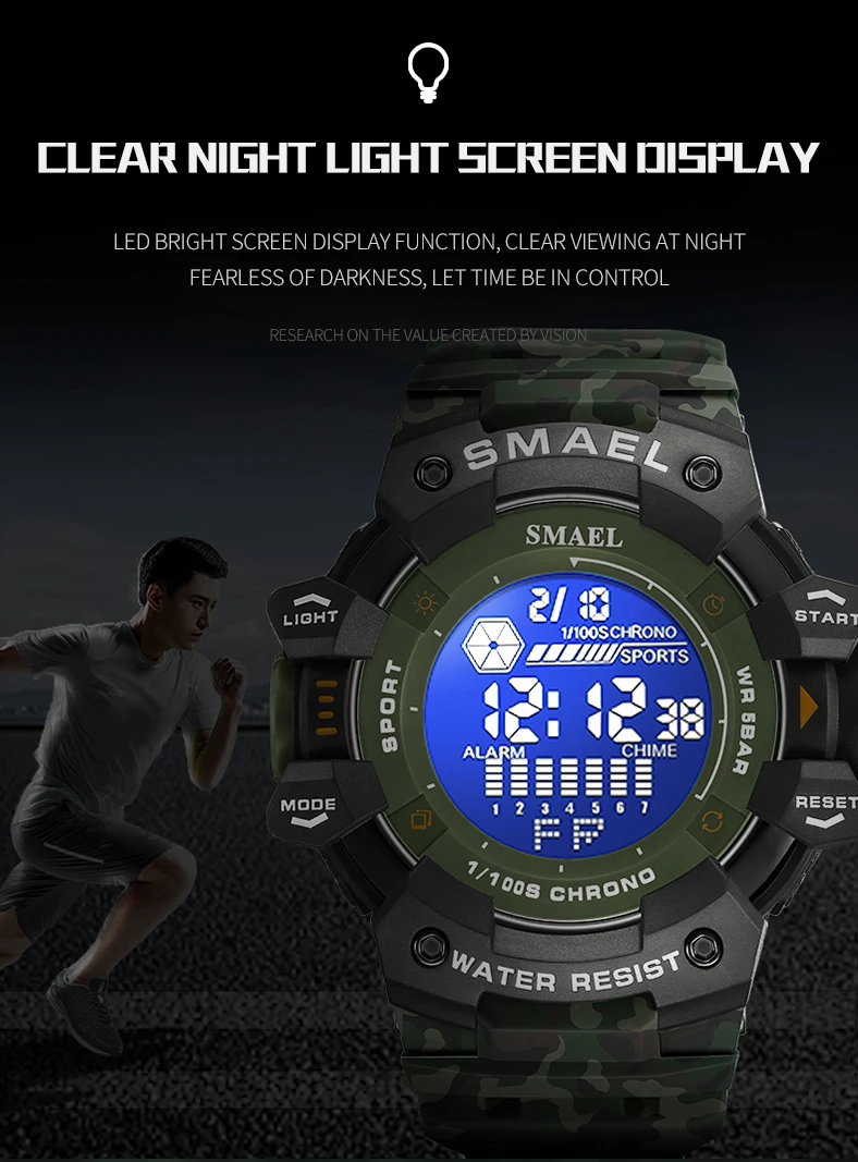 SMAEL Military Digital Watch LED Sports Wristwatches 50m Waterproof LED Stopwatch 8050 Army Watches Digital Big Dail Clock Alarm