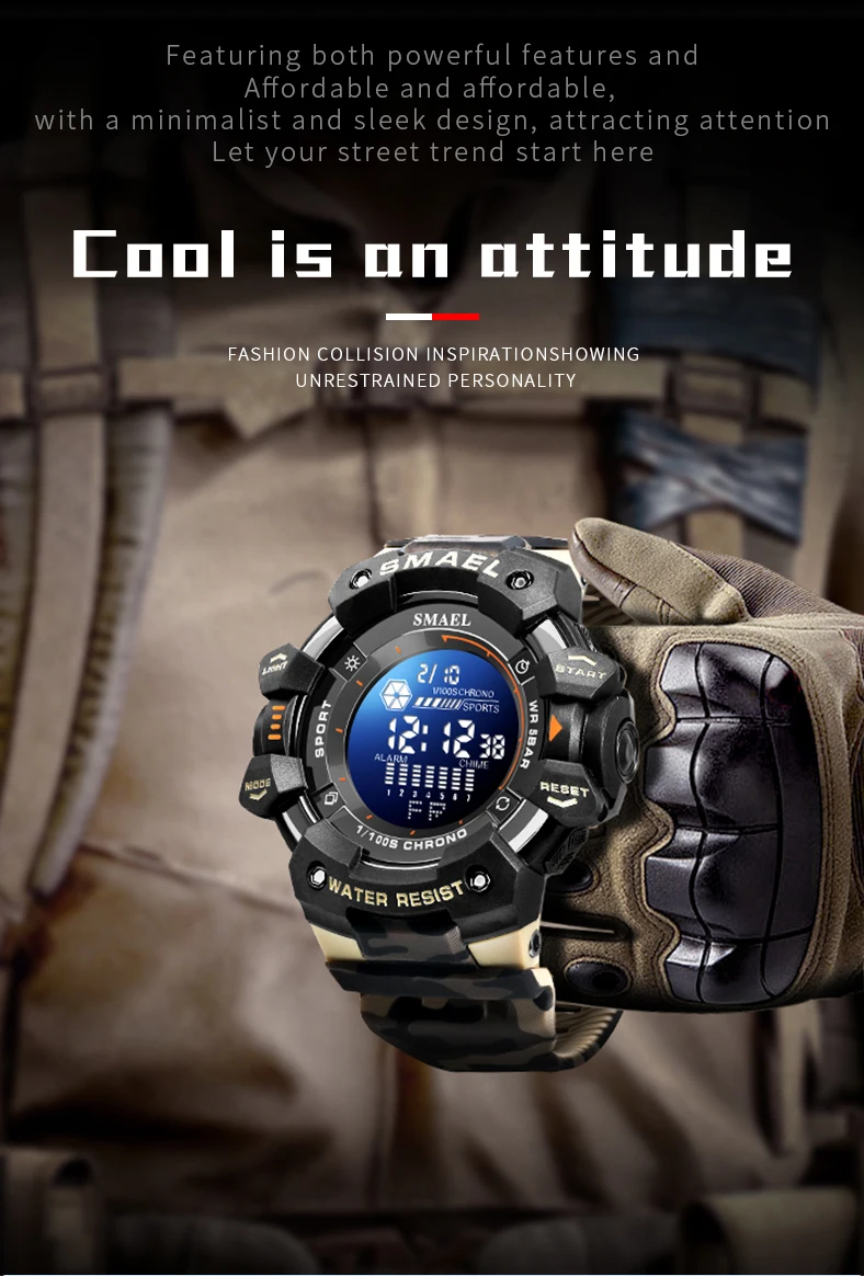 SMAEL Military Digital Watch LED Sports Wristwatches 50m Waterproof LED Stopwatch 8050 Army Watches Digital Big Dail Clock Alarm