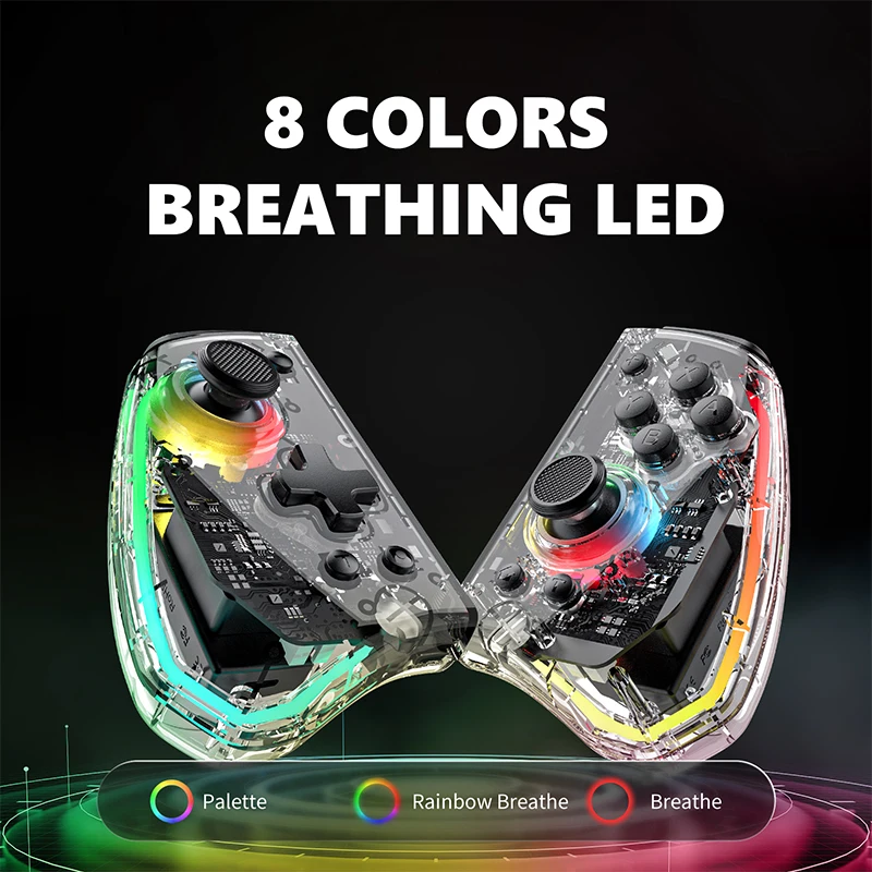 LinYuvo KS40 Transparent Style Wireless Handle for Switch Lite/OLED with 8 LED Lights,Turbo Function,Dual Vibration & Macro Keys