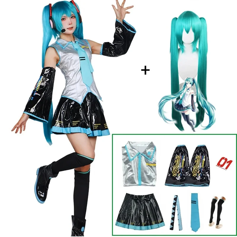 Miku Cosplay Full Set Silver Leather Fabric Suit Miku Cosplay Headwear Costume Outfit JK Sailor Dress High School Uniform Hallow