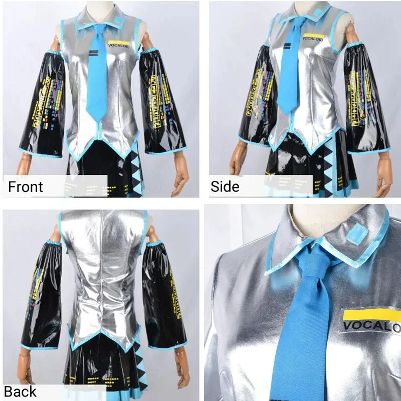 Miku Cosplay Full Set Silver Leather Fabric Suit Miku Cosplay Headwear Costume Outfit JK Sailor Dress High School Uniform Hallow