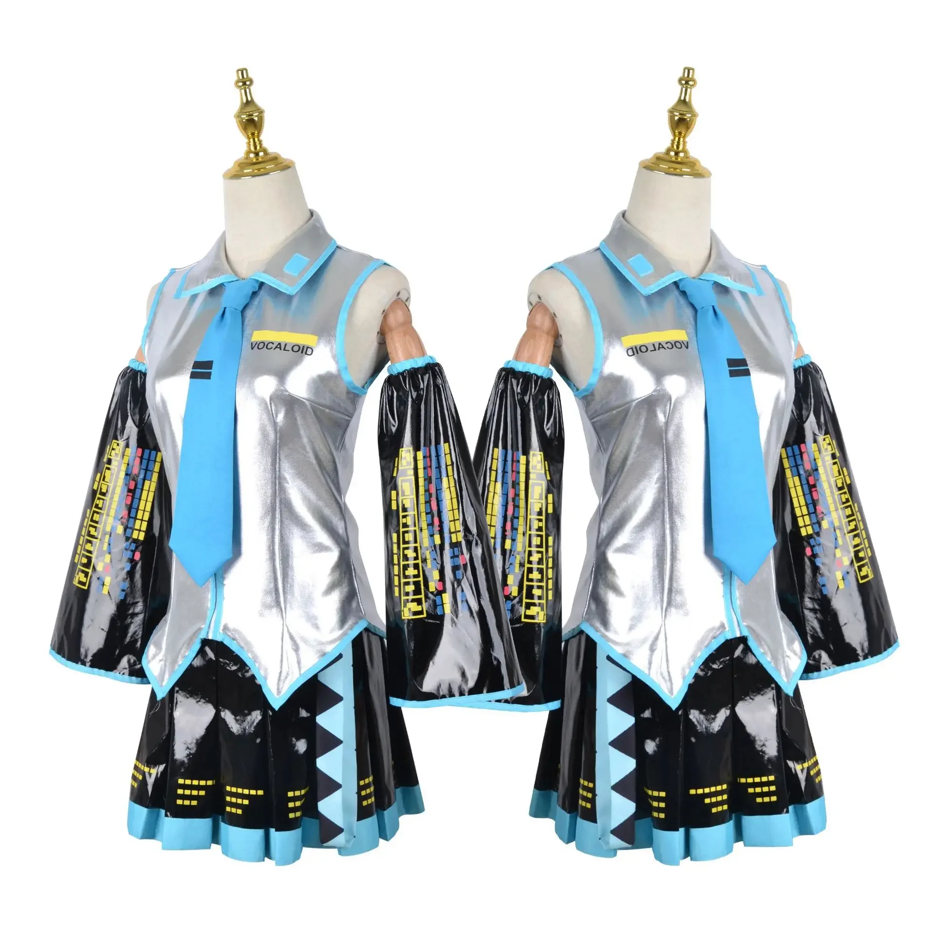 Miku Cosplay Full Set Silver Leather Fabric Suit Miku Cosplay Headwear Costume Outfit JK Sailor Dress High School Uniform Hallow