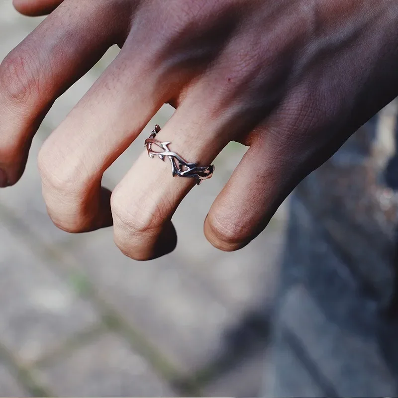 Vintage Goth Thorny Rose Couple Rings for Men Women Charm Irregularity Opening Stainless Steel Punk Finger Ring Jewelry Y2k Gift