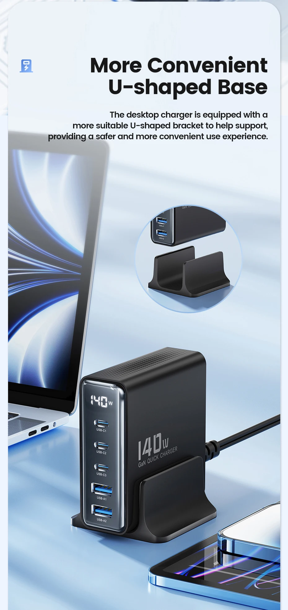 Toocki 140W GaN USB Charger 5in1 Desktop Fast Charge USB Type C Charger LED Display Charger For iPhone Xiaomi Smartphone Laptop