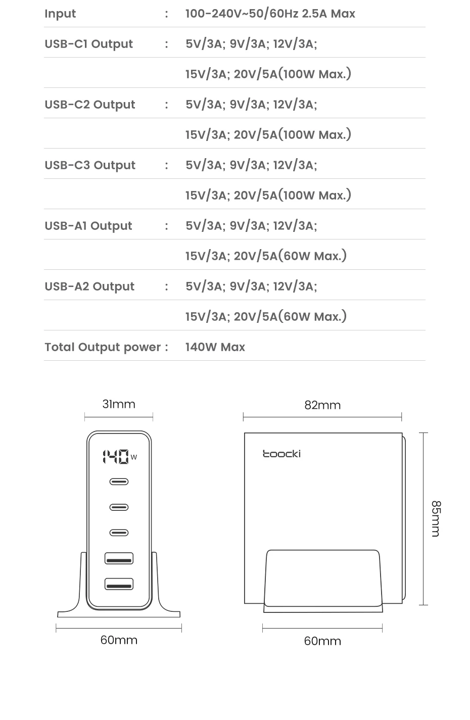 Toocki 140W GaN USB Charger 5in1 Desktop Fast Charge USB Type C Charger LED Display Charger For iPhone Xiaomi Smartphone Laptop