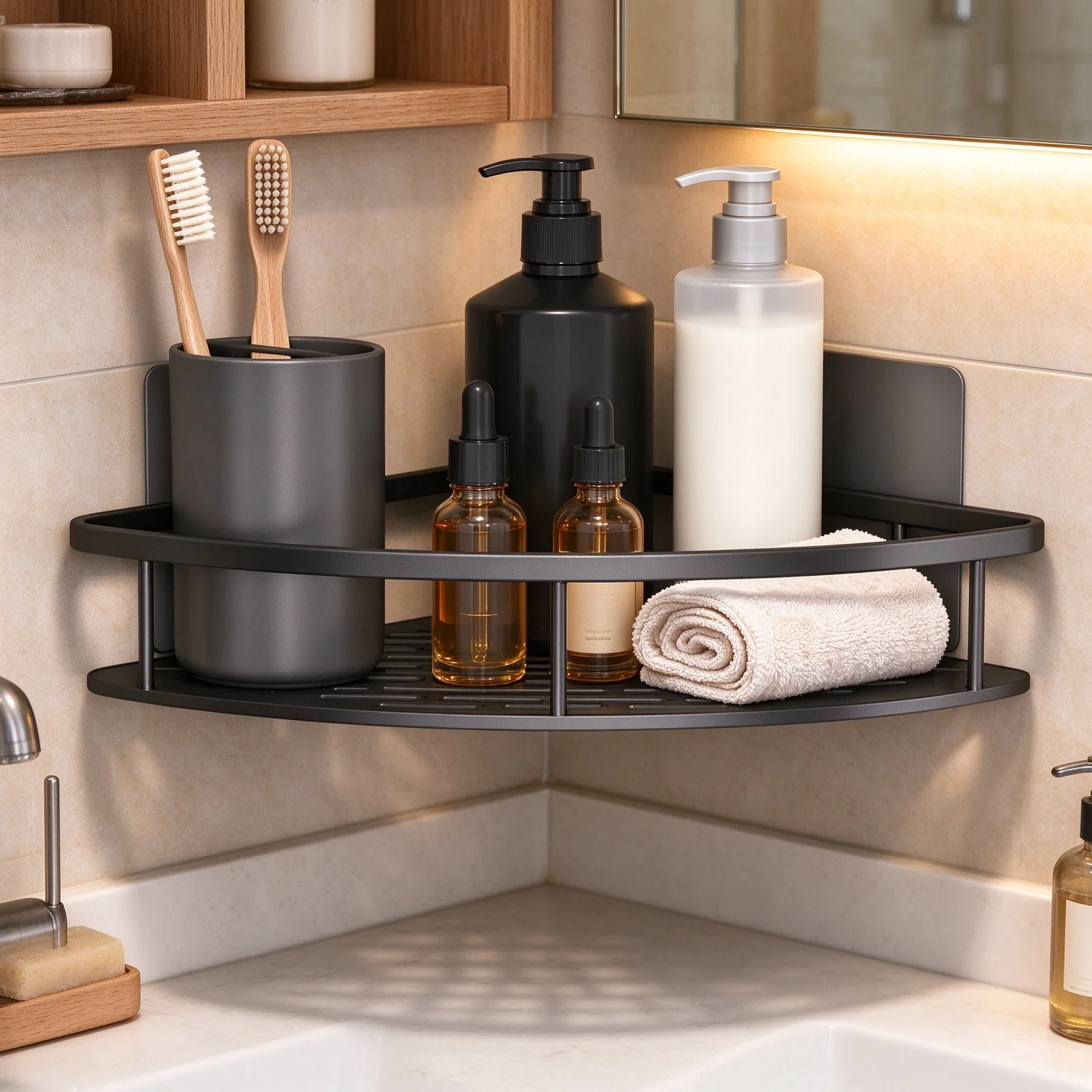 HTMCK No Drill Bathroom Corner Rack, Wall Mount Triangle Shower Shelf, Waterproof Shampoo Holder Bathroom Organizer