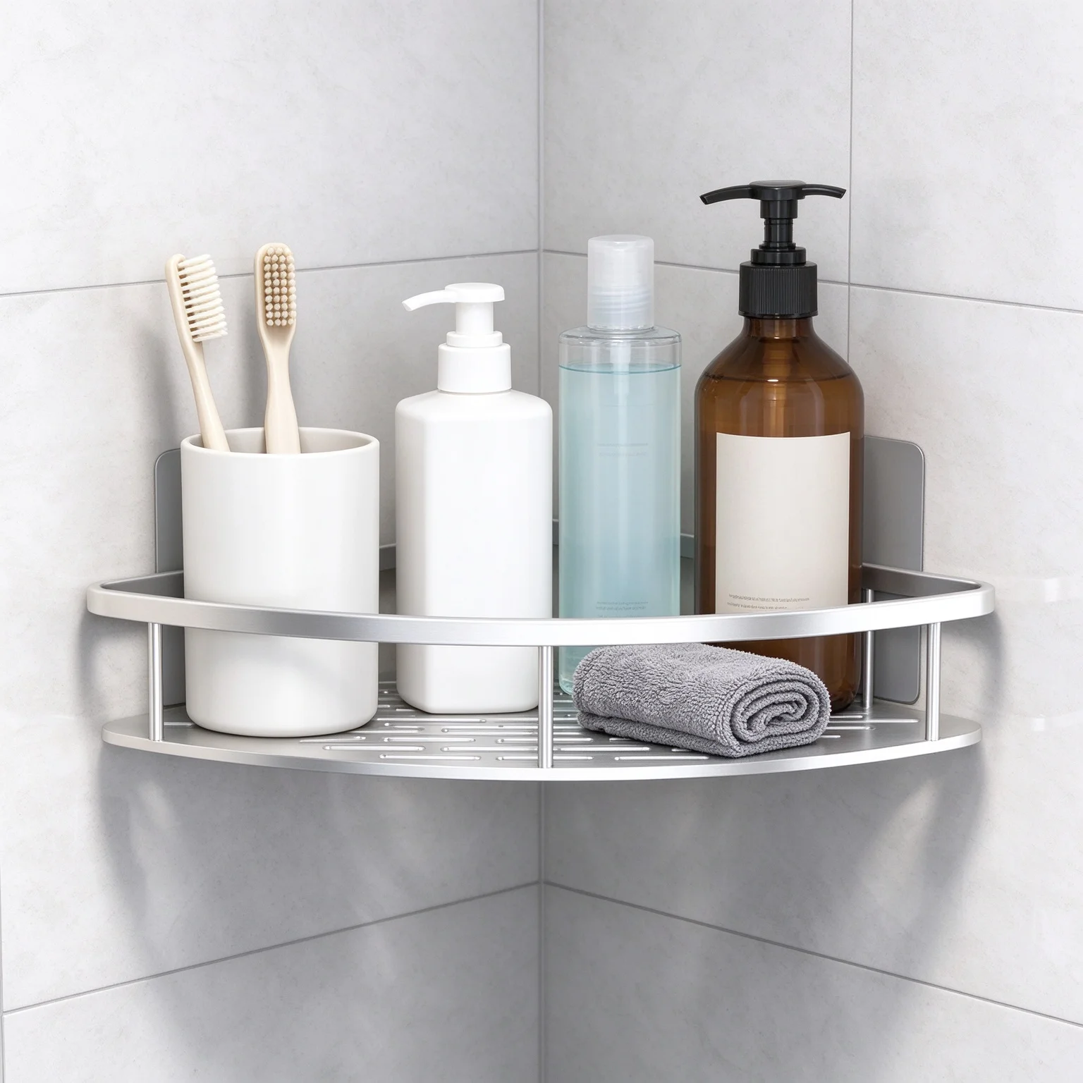 HTMCK No Drill Bathroom Corner Rack, Wall Mount Triangle Shower Shelf, Waterproof Shampoo Holder Bathroom Organizer