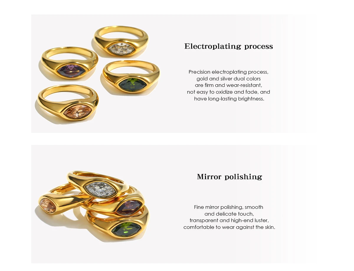 E.B.belle Horse Eye Zircon Seal Ring Colorful Hypoallergenic 316L Stainless Steel Decoration 18K Gold Plated Jewelry