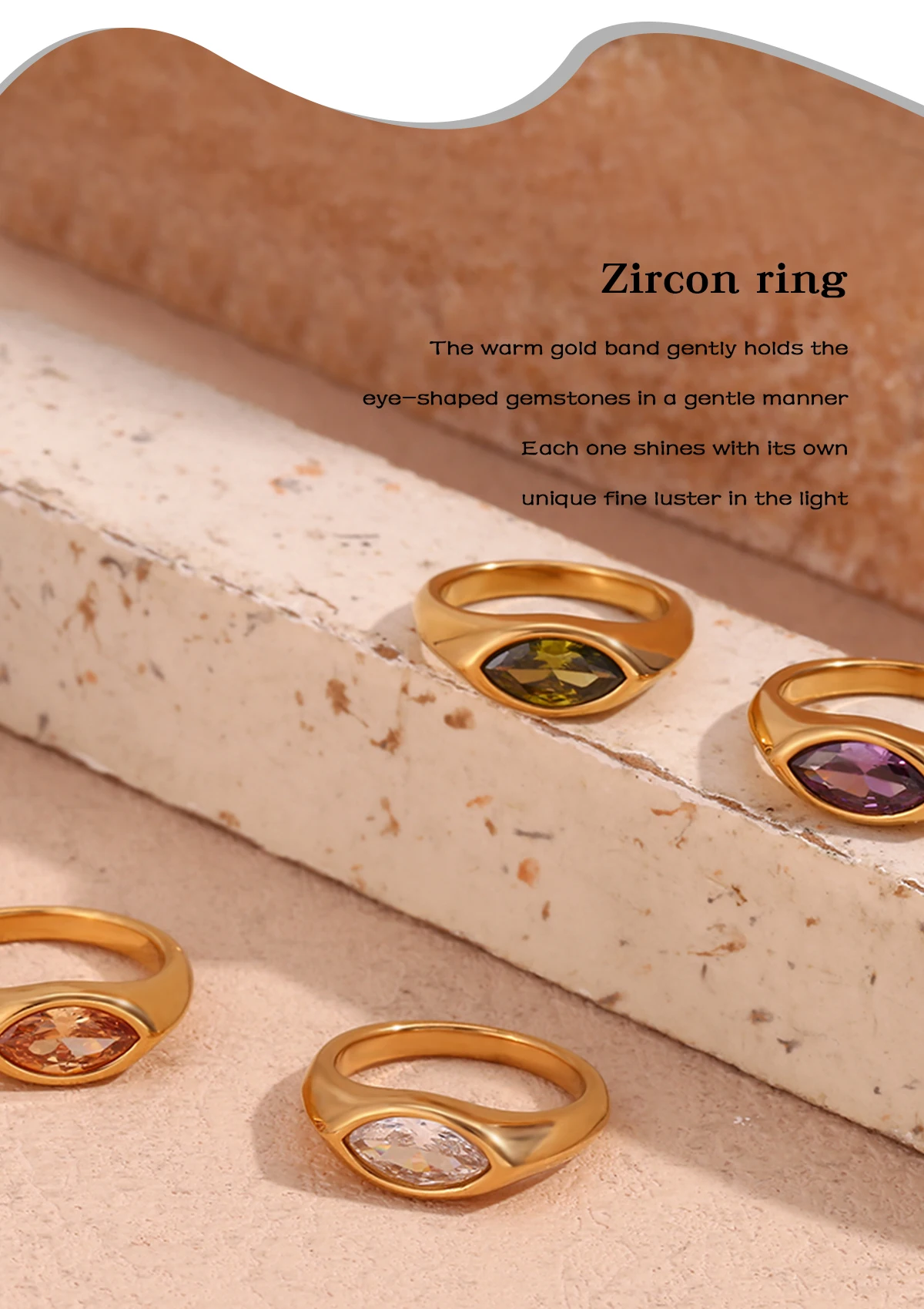 E.B.belle Horse Eye Zircon Seal Ring Colorful Hypoallergenic 316L Stainless Steel Decoration 18K Gold Plated Jewelry