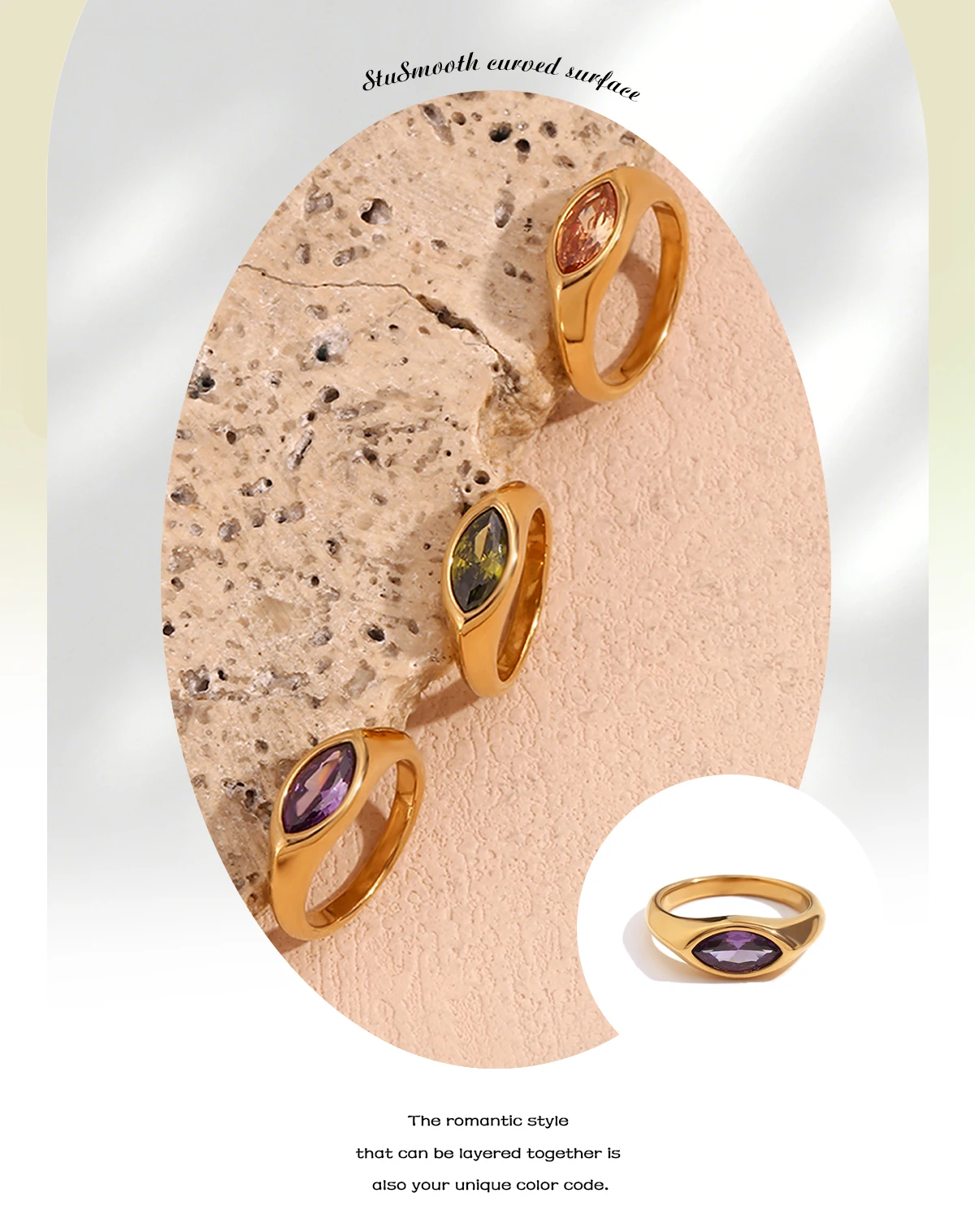 E.B.belle Horse Eye Zircon Seal Ring Colorful Hypoallergenic 316L Stainless Steel Decoration 18K Gold Plated Jewelry