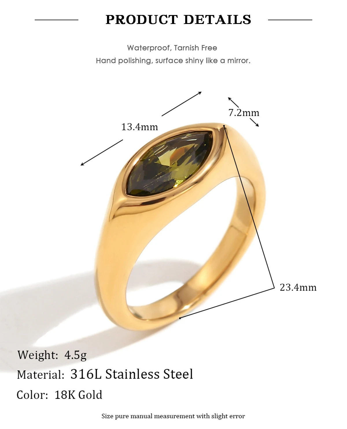 E.B.belle Horse Eye Zircon Seal Ring Colorful Hypoallergenic 316L Stainless Steel Decoration 18K Gold Plated Jewelry