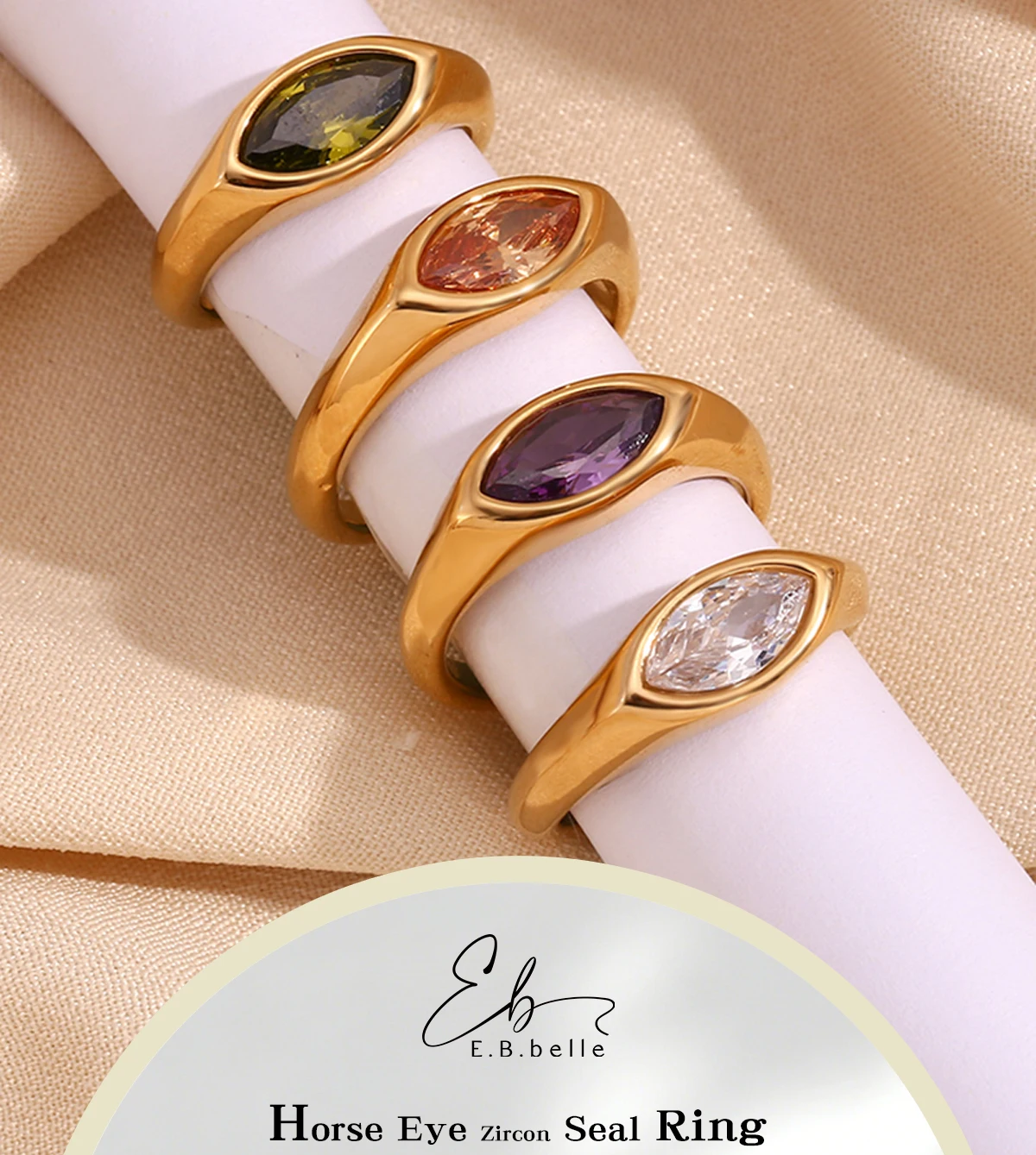 E.B.belle Horse Eye Zircon Seal Ring Colorful Hypoallergenic 316L Stainless Steel Decoration 18K Gold Plated Jewelry